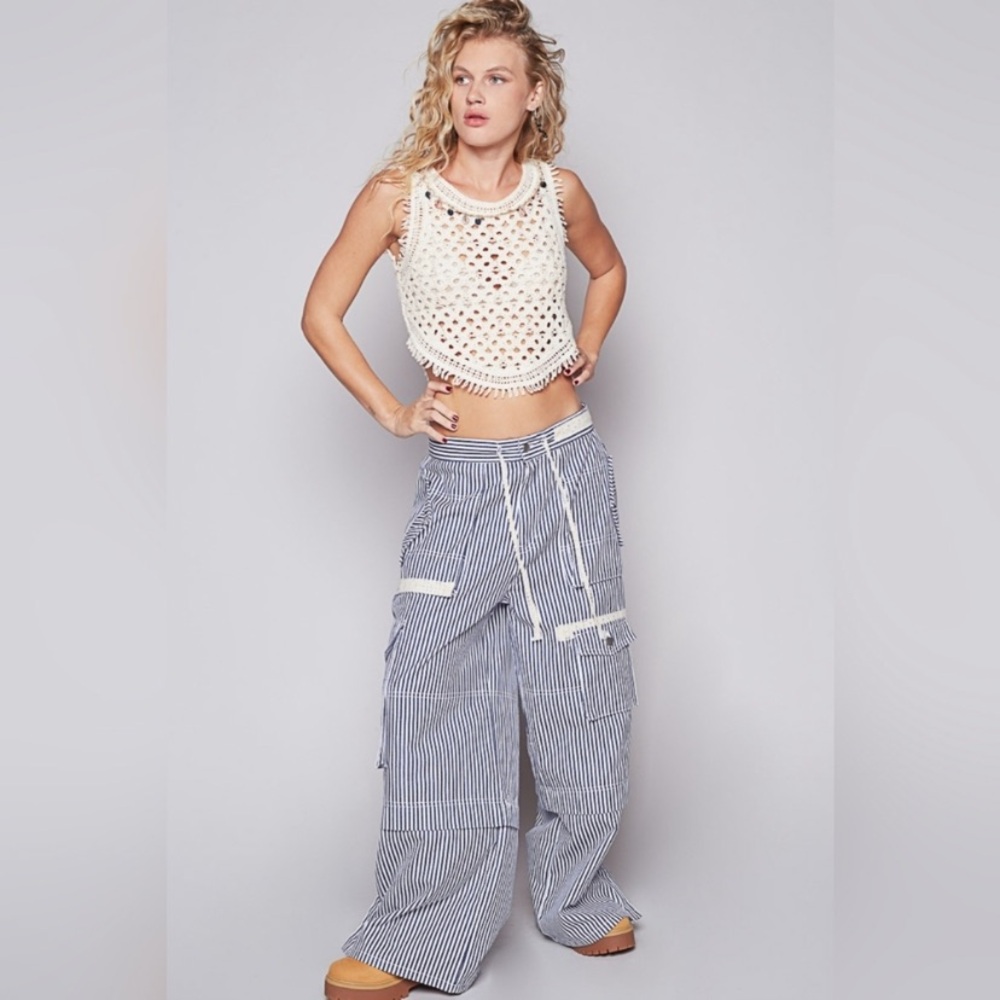 POL Navy and White Striped Wide-Leg Pants